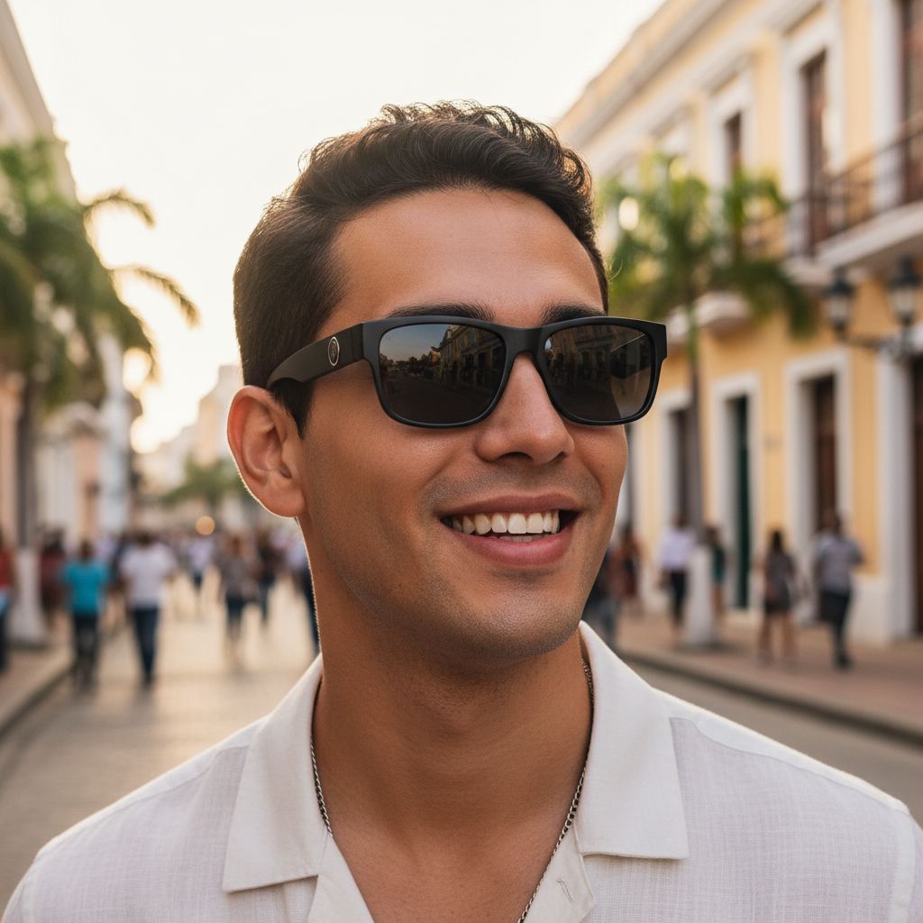 Hombre usando gafas inteligentes negras con cámara integrada al aire libre