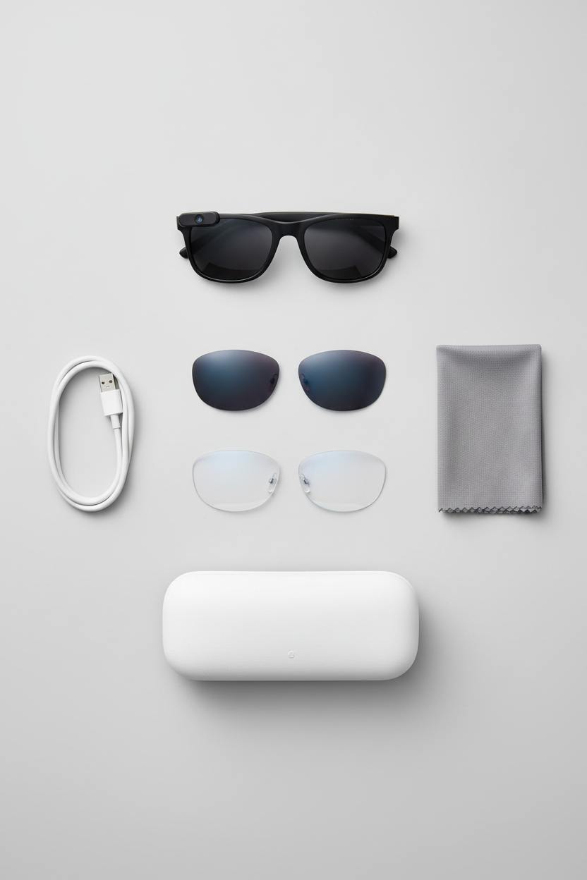 Kit completo: gafas inteligentes, 2 juegos de lentes intercambiables, cable USB, paño y estuche